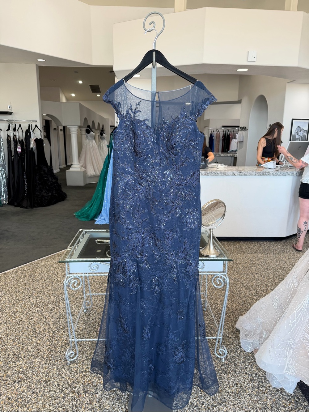 Mori Lee Navy Beaded Lace Maxi Gown